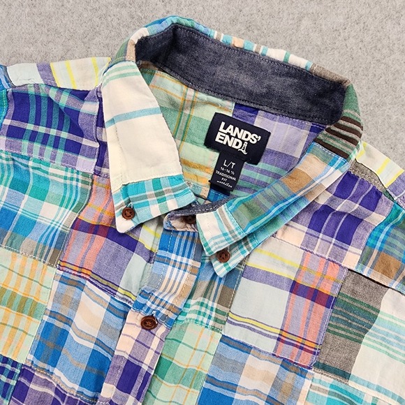 Land's End Short Sleeve Button Shirt Men's LT‎ Tall Madras Plaid Patchwork - Picture 1 of 7